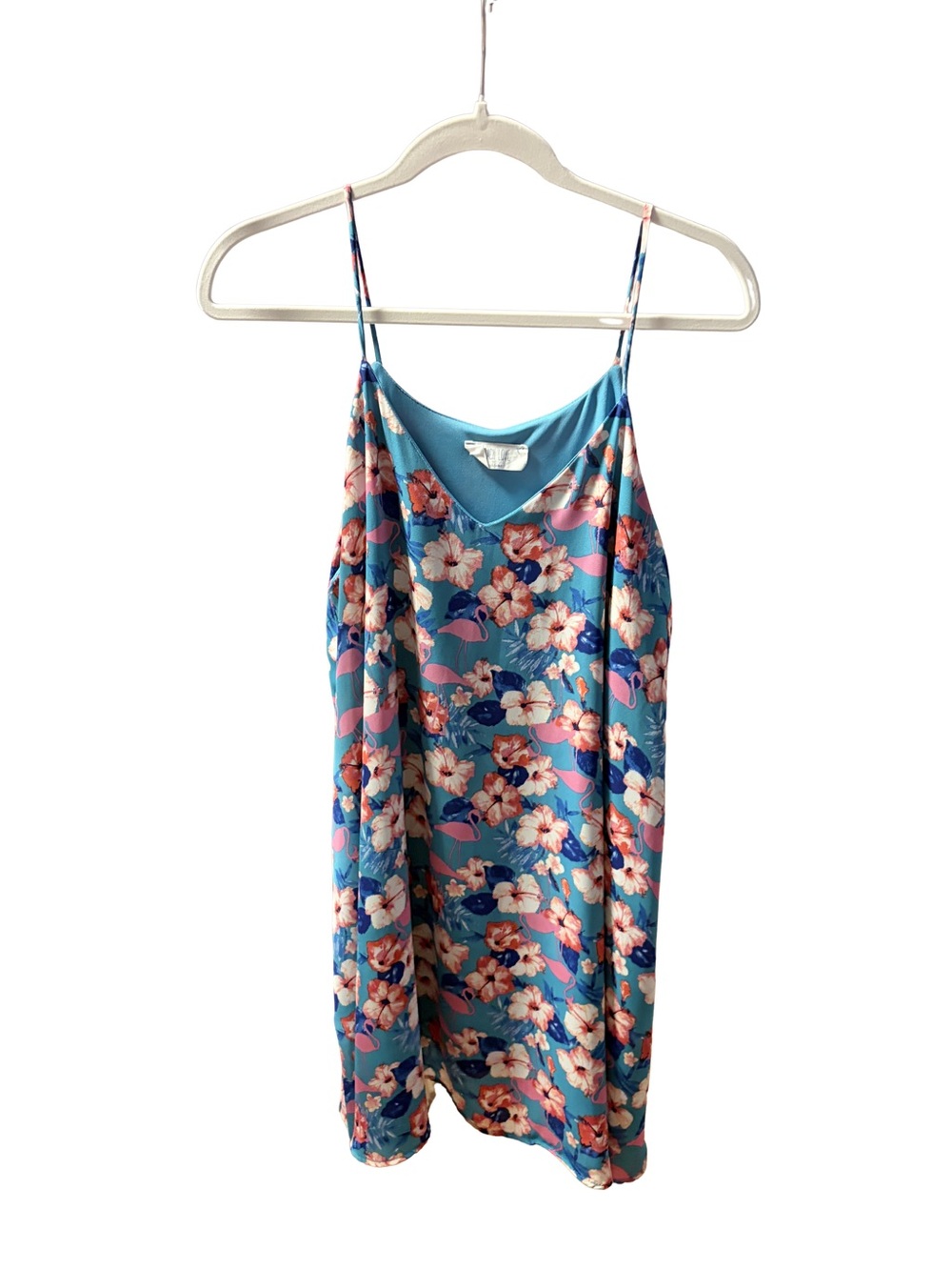 Large Peach Love California Blue Tropical Print Mini Slip Dress